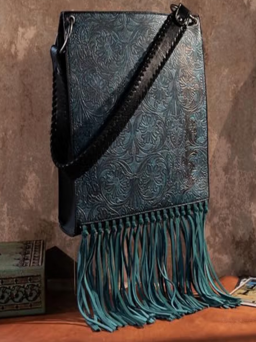 Wrangler Teal Embossed Leather Fringe Shoulder Bag